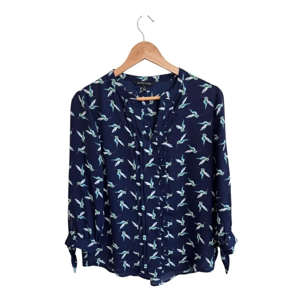 41 Hawthorn Navy Blue V Neck Tie Sleeve Hummingbird Print Womens Size S Blouse